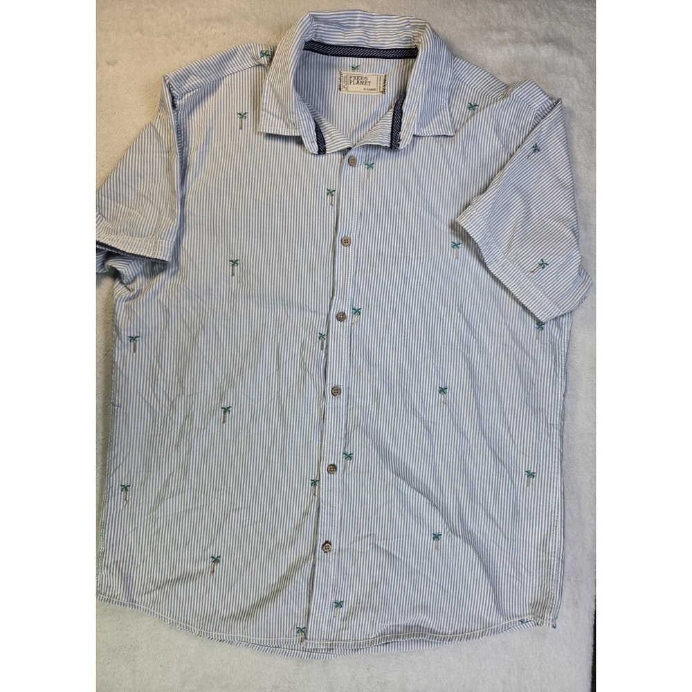 Free Planet Palm Tree Button Up Shirt Mens XL Blue Stripe Beach Resort Camp...